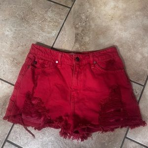 “KanCan” Lipstick Red Mid Rise Denim Shorts With Distressed Details